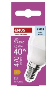 EMOS ZQ1E24 Żarówka LED Classic Mini Globe , E14, 4,2 W, (40 W), 470 lm, zimna biel