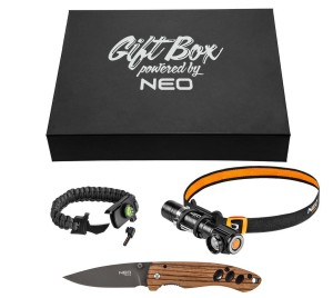 NEO TOOLS  63-033 Set 3 elementy (latarka czołowa 99-026, bransoletka survivalowa 5 w 1 63-140, nóż składany)