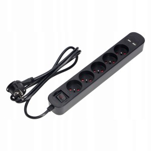 ORNO PS-1/B/1,5M Listwa przeciwprzepięciowa, 5 gniazd 2P+Z, kabel 3x1,0mm2 z wyłącznikiem, 10A/230 VAC, Ochronnik przeciwprzepięciowy