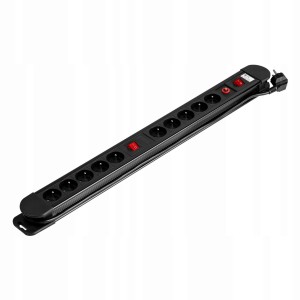 ORNO PS-3/B/1,5M Listwa zasilająca, 10 gniazd 2P+Z, kabel 3x1,5mm2, długość 1,5m, 2x Wyłącznik podświetlany dwutorowy, Czarna