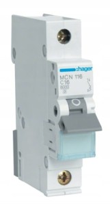 HAGER MCN116E MCB Wyłącznik nadprądowy Icn=6000A 1P C 16A