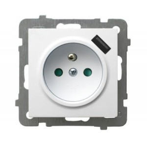 OSPEL GP-1GZPUSB/m/00 AS Gniazdo pojedyncze z uziemieniem z przesłonami torów prądowych, z ładowarką USB - kolor biały